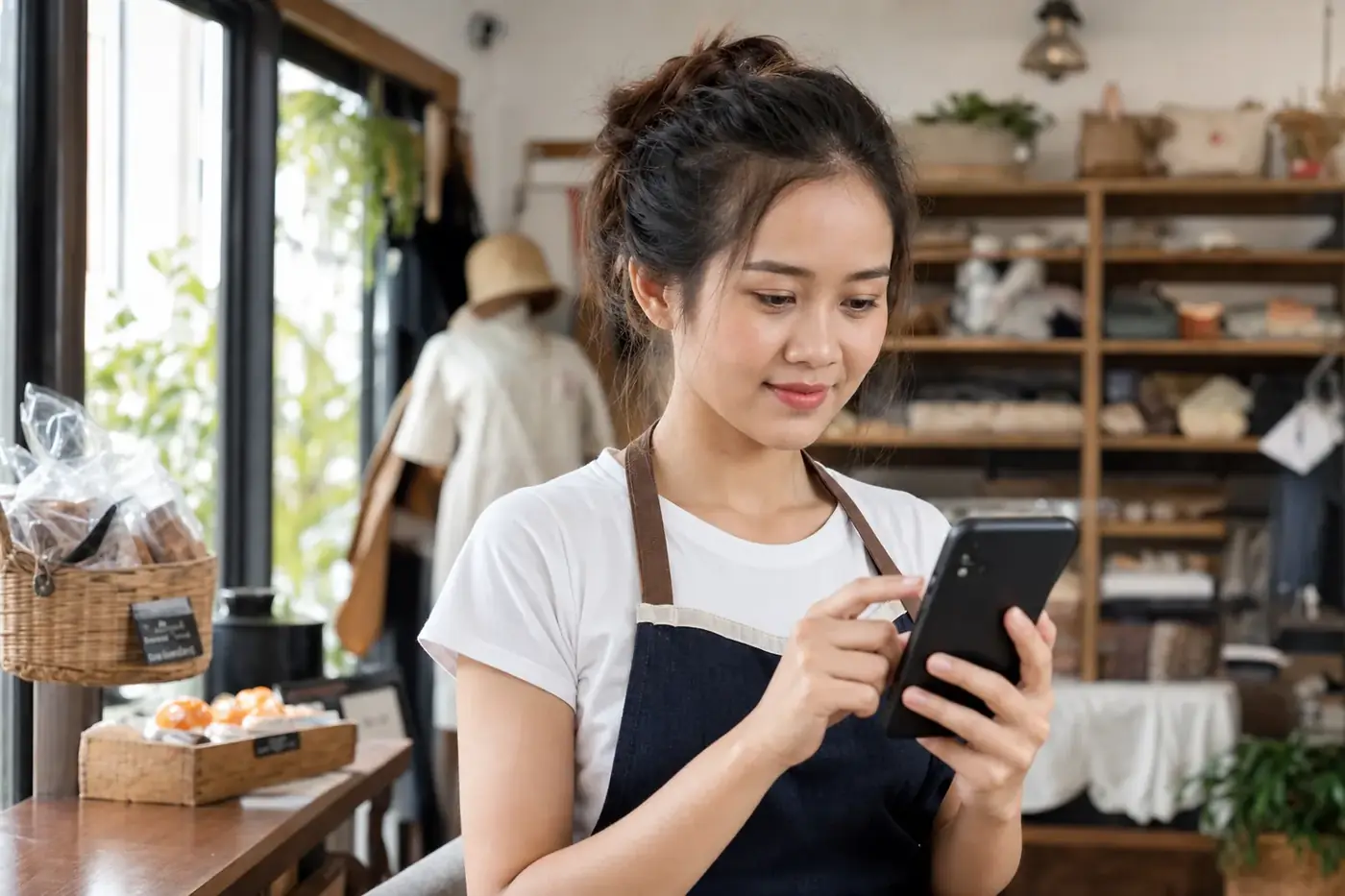 เจ้าของร้านค้ากำลังค้นหาบน กูเกิล ด้วยมือถือ